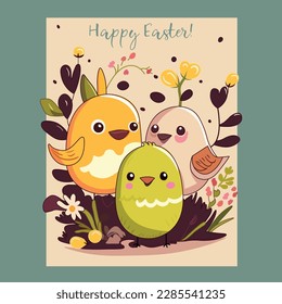 Cute vector Easter card with birds. Three vibrant birds sit in a grassy area surrounded by flowersyellow and pink. The top of the card reads "Happy Easter." Birds are drawn in a cartoon style.