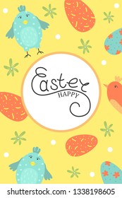 Cute vector Easter card. Easter eggs, spring holiday. Greeting card with birds.
