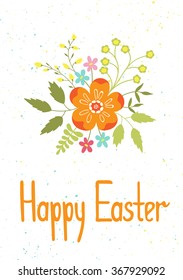 Cute vector Easter card template with bright bouquet of flowers. Colorful spring background. For greeting cards, brochures, tags and labels, invitations, scrapbooking, calendars, etc. 