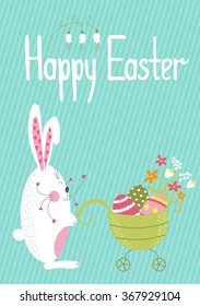 Cute vector Easter card template. Bunny with a cart of flowers and Easter eggs. Colorful spring background. For greeting cards, brochures, tags and labels, invitations, scrapbooking, calendars, etc. 
