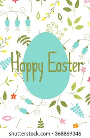 Cute vector Easter card template with bright spring flowers. Colorful background. For greeting cards, brochures, tags and labels, invitations, scrapbooking, calendars, etc. 