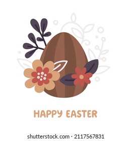 Cute vector Easter cards with egg, spring flowers, plants, leaves, branches and quote Happy Easter in trendy boho colors