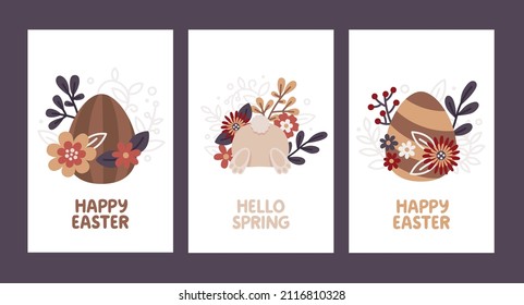 Cute vector Easter cards with funny bunny, eggs, floral compositions, plants, leaves, flowers. Hello Easter greeting cards in boho style