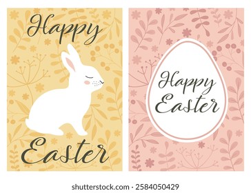 Cute vector easter cards with text Happy Easter in pastel colors on floral background