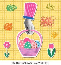 Cute vector Easter collage greeting card half tone style hand holding a basket with painted eggs