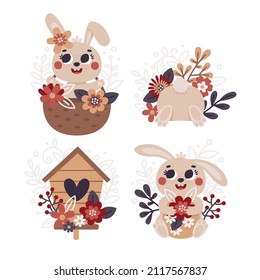 Cute vector Easter compositions with funny bunnies, spring flower, plants, leaves, branches, basket and birdhouse in trendy boho colors