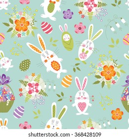 Cute vector Easter seamless pattern with funny bunnies, eggs and flower bouquets. Bright spring background. For greeting cards, brochures, tags and labels, invitations, scrapbooking, calendars, etc. 