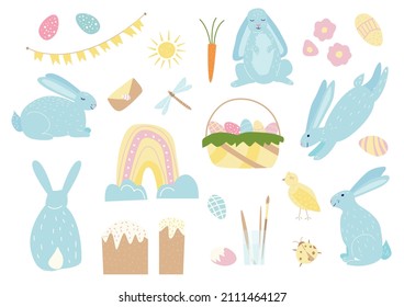 Cute vector easter set in flat hand drawn style, collection with easter eggs, bunnies, Easter cakes, holiday decorations in pastel colors isolated on white background