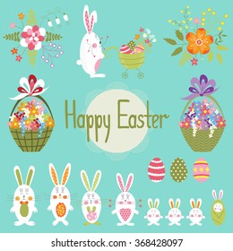 Cute vector Easter set with funny bunnies and flowers. Colorful spring elements. For greeting cards, brochures, tags and labels, invitations, scrapbooking, calendars, etc. 