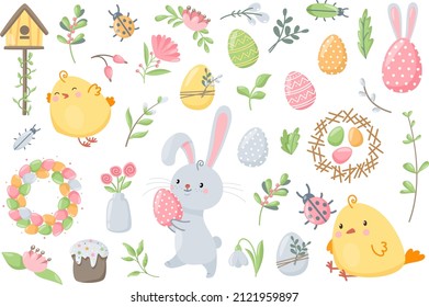 Cute vector easter set. Multicolored eggs, plants, rabbit and chickens, insects, spring elements for design on a white background