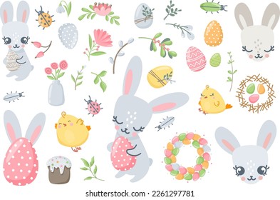 Cute vector easter set. Multicolored eggs, plants, rabbit and chickens, insects, spring elements for design on a white background