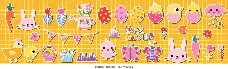 Cute vector Easter sticker set - pink bunny, basket with eggs, flowers, colorful spring illustrations for kids and baby designs
