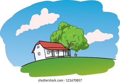 cute vector eco house in the green field, farm with oak tree, tire swing and some bubbly clouds
