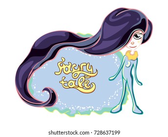 Cute vector educational girl character. Little fantasy fairy illustration for children. Cartoon with background field for cards.