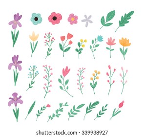 Rute Vektorillustration elegante Blumen. Tulip, Lilie, Iris, Beeren, Blätter, Äste. Dekorative Blumenelemente für Ihre Einladung oder Ihr Postkartendesign.