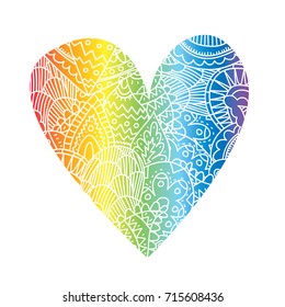 Cute vector elegant white lace heart on gay rainbow background. Lgbt isolated symbol of love and pride