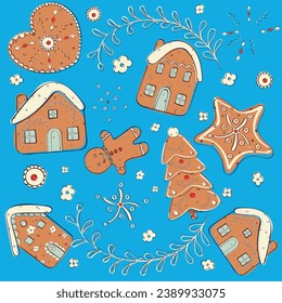 cute vector elements of festive gingerbread cookies hand drawing heart, houses, ginger man, star, floral ornament