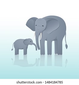 Cute vector elephant with baby elephant. Animal wildlife flat cartoon.