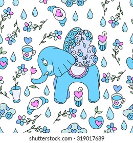 Cute vector elephant blue seamless pattern. Sweets and cute flowers.