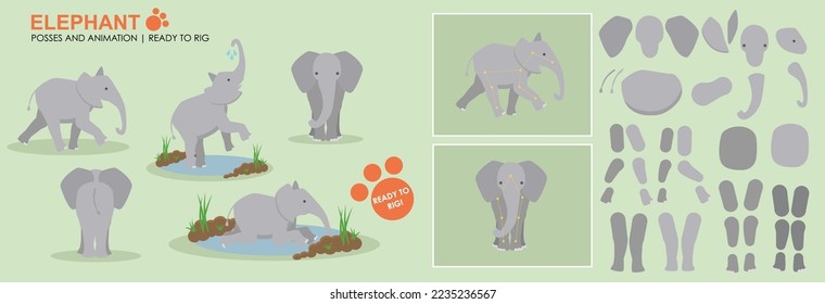 Cute Vector Elephant broken down ready to rig for animation. A collection of poses and angles, playing in water. Rig ready, animatable character.