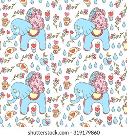 Cute vector elephant colorful seamless pattern. Sweets and cute flowers.