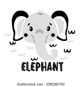 Cute vector elephant face. One object on a white background. Cartoon illustration Scandinavian style
