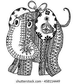 Cute vector elephant. Hand drawn cartoon elephant with floral doodle ornament. Nice bishop for for babies and children. Isolated. Animal with flowers and dots