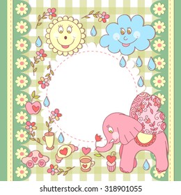 Cute vector elephant photo frame. Baby shower card. Scrapbook elements. Vector illustration.