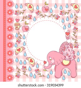 Cute vector elephant photo frame with wings. Baby sweet shower card. Scrapbook elements. Vector illustration.