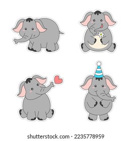 Pegatinas de elefantes vectoriales. El elefante gracioso de dibujos animados posa ilustración.
