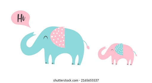Cute vector elephants illustration with speech bubble saying hi. Big and small elephant on top of each other. Baby animal character. Baby shower card, invitation.