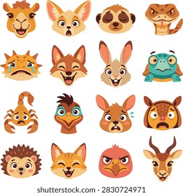 Cute vector emoji avatar set of desert animals with various facial expressions, featuring camel, fennec fox, meerkat, rattlesnake, scorpion, armadillo, and gazelle isolated on white background.