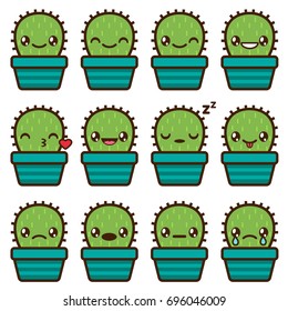 Cute vector emoticons and emojis set of cactus