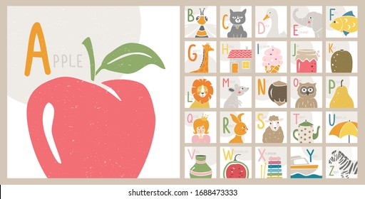 Cute vector English alphabet cards for play and education. Colored ABC set in cartoon style for kids. Handwritten text. Vector shabby hand drawn illustration