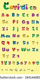 Cute Vector English Alphabet Font "Covidica" with Letters and Numbers wearing masks, washing hands, sanitizing, temperature check, elbow bump, social distancing in kids playful childish colorful style