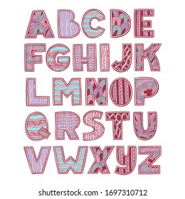 Cute vector english alphabet. Handwritten stylish font for graphic design, banners, greeting cards, website design and others. Hand drawn colorful typeface, ABC