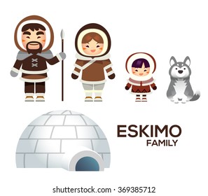 Cute Vector Eskimo Family with Igloo House and Dog isolated on White Background