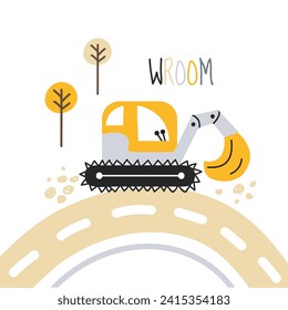 Cute vector excavator. Vector print with cute car for fabric, textile, wallpaper and postcard design. Children's minimalistic illustration in Scandinavian style. White isolated background. Wroom.