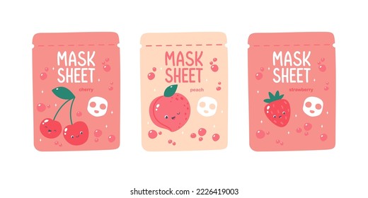 Cute vector face mask sheet packaging design with cherry, peach, strawberry