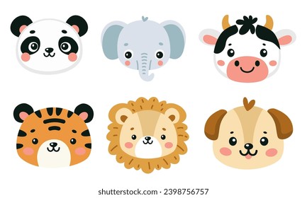 Caras vectoriales de diferentes animales. Tigre, león, elefante y panda. Una vaca y un perro 