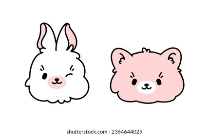 Caras vectoriales mullidas de conejo, conejo, oso, gatito para decorar las habitaciones de los niños. Pegatinas divertidas para chicas de blanco y rosa.