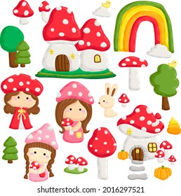 A Cute Vector of Fairy on Forest Mushroom Houses Doodle