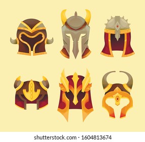 Cute vector fantasy helmets. Set. Cartoon game illustration.