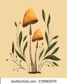 Cute vector fantasy mushrooms illustration. Flora and fauna. Nature art. Toadstool. Cartoon illustration.