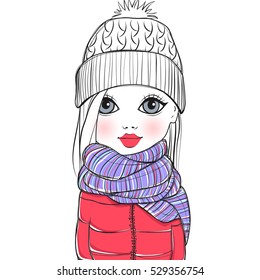 Cute vector fashion girl. Fashionable teen. Cartoon lady. Colorful sketch illustration. Little model. Winter casual look Girl in autumn-winter outfit.