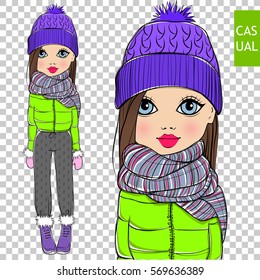 Cute vector fashion girl on a transparent background. Fashionable teen. Cartoon lady. Colorful sketch illustration. Little model. Winter casual look Young chic.