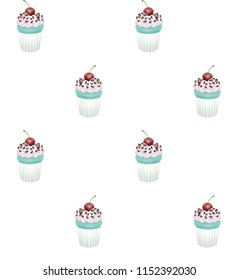 Cute vector fashion seamless pattern with sweet yummy chocolate cupcakes on white background for kids clothes textile wrapping paper children's cafeteria design