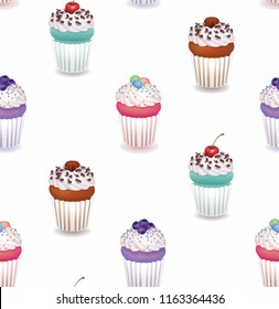 Cute vector fashion seamless pattern with sweet yummy chocolate cupcakes on white background for kids clothes textile wrapping paper children's cafeteria design