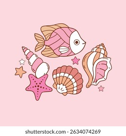 Cute vector fish with shell and seastar. Hand drawn marine life artwork. Perfect for sticker, tee shirt logo, greeting card, poster or nursery print design. EPS 10 vector file.