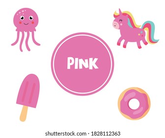 Cute vector flashcard with set of pink objects. Learning colors page for kids. Educational worksheet for preschoolers. 